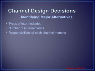 Channel Design DecisionsTypes of intermediariesNumber of intermediariesResponsibilities of each channel memberIdentifying Major Alternatives