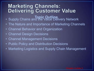 Marketing Channels:  Delivering Customer ValueSupply Chains and the Value Delivery NetworkThe Nature and Importance of Marketing ChannelsChannel Behavior and OrganizationChannel Design DecisionsChannel Management DecisionsPublic Policy and Distribution DecisionsMarketing Logistics and Supply Chain ManagementTopic Outline