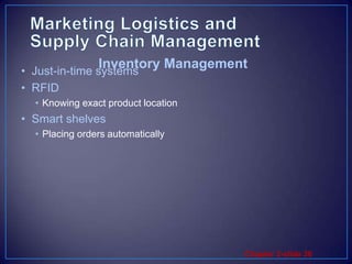 Marketing Logistics and Supply Chain ManagementJust-in-time systemsRFIDKnowing exact product locationSmart shelvesPlacing orders automaticallyInventory Management