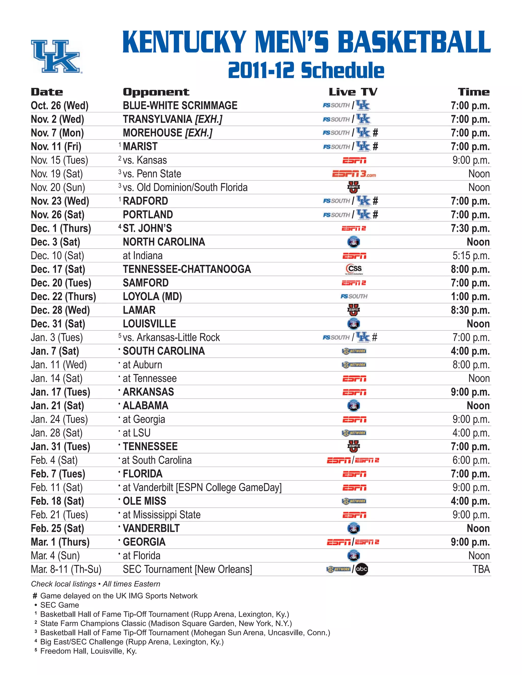 UK men's basketball 201112 schedule PDF College Basketball