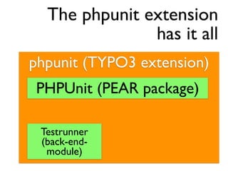 The phpunit extension
               has it all
phpunit (TYPO3 extension)
 PHPUnit (PEAR package)

 Testrunner
 (back-end-
  module)
 