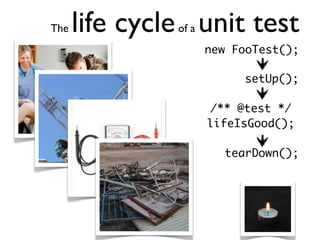 The   life cycle unit test
               of a
                      new FooTest();

                           setUp();

                      /** @test */
                      lifeIsGood();

                        tearDown();
 