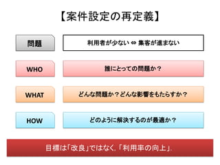 【案件設定の再定義】

問題           利用者が少ない ⇔ 集客が進まない



WHO             誰にとっての問題か？



WHAT        どんな問題か？どんな影響をもたらすか？



HOW           どのように解決するのが最適か？



       目標は「改良」ではなく，「利用率の向上」．
 