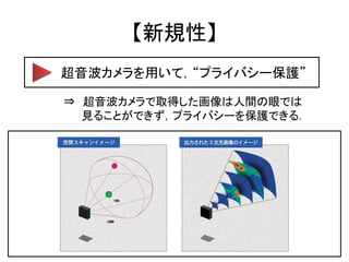 【新規性】
超音波カメラを用いて，“プライバシー保護”

⇒ 超音波カメラで取得した画像は人間の眼では
  見ることができず，プライバシーを保護できる．


画像認識技術による“完全無人の見護り”

⇒ カメラで取得した画像から対象者の行動を
  認識し，“何をしているか”を判断する．

『 画像認識技術 ＋ 超音波カメラ 』 という新規性 ！
 