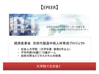 【EPEER】




経済産業省 次世代製造中核人材育成プロジェクト
 ・ 社会人大学院 （大学卒業，実務２年以上）．
 ・ 平均年齢３８歳に１９歳が一人．
 ・ 技術分野＆ビジネススキルの授業．


        大学院で生き抜く．
 