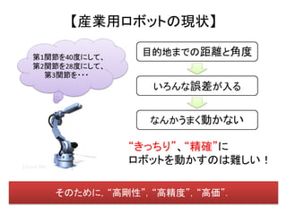 【産業用ロボットの現状】




そのために，“高剛性”，“高精度”，“高価”．
 