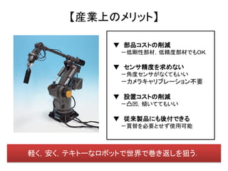 【産業上のメリット】

             ▼ 部品コストの削減
              －低剛性部材，低精度部材でもＯＫ

             ▼ センサ精度を求めない
              －角度センサがなくてもいい
              －カメラキャリブレーション不要

             ▼ 設置コストの削減
              －凸凹，傾いててもいい

             ▼ 従来製品にも後付できる
              －買替を必要とせず使用可能



軽く，安く，テキトーなロボットで世界で巻き返しを狙う．
 