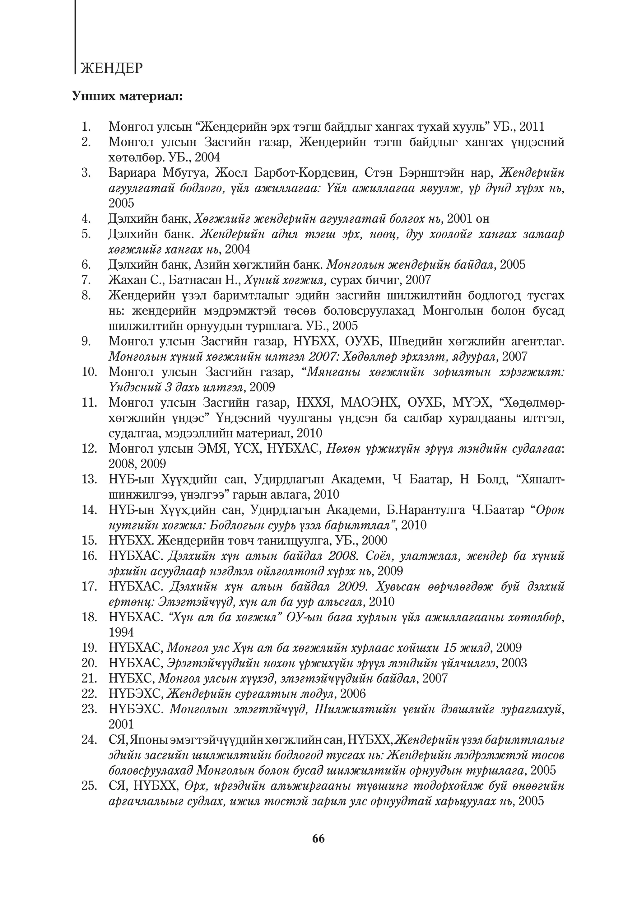 ÆÅÍÄÅÐ
Óíøèõ ìàòåðèàë:

 1.    Ìîíãîë óëñûí “Æåíäåðèéí ýðõ òýãø áàéäëûã õàíãàõ òóõàé õóóëü” ÓÁ., 2011
 2.    Ìîíãîë óëñûí Çàñãèéí ãàçàð, Æåíäåðèéí òýãø áàéäëûã õàíãàõ ¿íäýñíèé
       õºòºëáºð. ÓÁ., 2004
 3.    Âàðèàðà Ìáóãóà, Æîåë Áàðáîò-Êîðäåâèí, Ñòýí Áýðíøòýéí íàð, Æåíäåðèéí
       àãóóëãàòàé áîäëîãî, ¿éë àæèëëàãàà: ¯éë àæèëëàãàà ÿâóóëæ, ¿ð ä¿íä õ¿ðýõ íü,
       2005
 4.    Äýëõèéí áàíê, Õºãæëèéã æåíäåðèéí àãóóëãàòàé áîëãîõ íü, 2001 îí
 5.    Äýëõèéí áàíê. Æåíäåðèéí àäèë òýãø ýðõ, íººö, äóó õîîëîéã õàíãàõ çàìààð
       õºãæëèéã õàíãàõ íü, 2004
 6.    Äýëõèéí áàíê, Àçèéí õºãæëèéí áàíê. Ìîíãîëûí æåíäåðèéí áàéäàë, 2005
 7.    Æàõàí Ñ., Áàòíàñàí Í., Õ¿íèé õºãæèë, ñóðàõ áè÷èã, 2007
 8.    Æåíäåðèéí ¿çýë áàðèìòëàëûã ýäèéí çàñãèéí øèëæèëòèéí áîäëîãîä òóñãàõ
       íü: æåíäåðèéí ìýäðýìæòýé òºñºâ áîëîâñðóóëàõàä Ìîíãîëûí áîëîí áóñàä
       øèëæèëòèéí îðíóóäûí òóðøëàãà. ÓÁ., 2005
 9.    Ìîíãîë óëñûí Çàñãèéí ãàçàð, Í¯ÁÕÕ, ÎÓÕÁ, Øâåäèéí õºãæëèéí àãåíòëàã.
       Ìîíãîëûí õ¿íèé õºãæëèéí èëòãýë 2007: Õºäºëìºð ýðõëýëò, ÿäóóðàë, 2007
 10.   Ìîíãîë óëñûí Çàñãèéí ãàçàð, “Ìÿíãàíû õºãæëèéí çîðèëòûí õýðýãæèëò:
       ¯íäýñíèé 3 äàõü èëòãýë, 2009
 11.   Ìîíãîë óëñûí Çàñãèéí ãàçàð, ÍÕÕß, ÌÀÎÝÍÕ, ÎÓÕÁ, Ì¯ÝÕ, “Õºäºëìºð-
       õºãæëèéí ¿íäýñ” ¯íäýñíèé ÷óóëãàíû ¿íäñýí áà ñàëáàð õóðàëäààíû èëòãýë,
       ñóäàëãàà, ìýäýýëëèéí ìàòåðèàë, 2010
 12.   Ìîíãîë óëñûí ÝÌß, ¯ÑÕ, Í¯ÁÕÀÑ, Íºõºí ¿ðæèõ¿éí ýð¿¿ë ìýíäèéí ñóäàëãàà:
       2008, 2009
 13.   Í¯Á-ûí Õ¿¿õäèéí ñàí, Óäèðäëàãûí Àêàäåìè, × Áààòàð, Í Áîëä, “Õÿíàëò-
       øèíæèëãýý, ¿íýëãýý” ãàðûí àâëàãà, 2010
 14.   Í¯Á-ûí Õ¿¿õäèéí ñàí, Óäèðäëàãûí Àêàäåìè, Á.Íàðàíòóëãà ×.Áààòàð “Îðîí
       íóòãèéí õºãæèë: Áîäëîãûí ñóóðü ¿çýë áàðèìòëàë”, 2010
 15.   Í¯ÁÕÕ. Æåíäåðèéí òîâ÷ òàíèëöóóëãà, ÓÁ., 2000
 16.   Í¯ÁÕÀÑ. Äýëõèéí õ¿í àìûí áàéäàë 2008. Ñî¸ë, óëàìæëàë, æåíäåð áà õ¿íèé
       ýðõèéí àñóóäëààð íýãäìýë îéëãîëòîíä õ¿ðýõ íü, 2009
 17.   Í¯ÁÕÀÑ. Äýëõèéí õ¿í àìûí áàéäàë 2009. Õóâüñàí ººð÷ëºãäºæ áóé äýëõèé
       åðòºíö: Ýìýãòýé÷¿¿ä, õ¿í àì áà óóð àìüñãàë, 2010
 18.   Í¯ÁÕÀÑ. “Õ¿í àì áà õºãæèë” ÎÓ-ûí áàãà õóðëûí ¿éë àæèëëàãààíû õºòºëáºð,
       1994
 19.   Í¯ÁÕÀÑ, Ìîíãîë óëñ Õ¿í àì áà õºãæëèéí õóðëààñ õîéøõè 15 æèëä, 2009
 20.   Í¯ÁÕÀÑ, Ýðýãòýé÷¿¿äèéí íºõºí ¿ðæèõ¿éí ýð¿¿ë ìýíäèéí ¿éë÷èëãýý, 2003
 21.   Í¯ÁÕÑ, Ìîíãîë óëñûí õ¿¿õýä, ýìýãòýé÷¿¿äèéí áàéäàë, 2007
 22.   Í¯ÁÝÕÑ, Æåíäåðèéí ñóðãàëòûí ìîäóë, 2006
 23.   Í¯ÁÝÕÑ. Ìîíãîëûí ýìýãòýé÷¿¿ä, Øèëæèëòèéí ¿åèéí äýâøëèéã çóðàãëàõóé,
       2001
 24.   Ñß, ßïîíû ýìýãòýé÷¿¿äèéí õºãæëèéí ñàí, Í¯ÁÕÕ, Æåíäåðèéí ¿çýë áàðèìòëàëûã
       ýäèéí çàñãèéí øèëæèëòèéí áîäëîãîä òóñãàõ íü: Æåíäåðèéí ìýäðýìæòýé òºñºâ
       áîëîâñðóóëàõàä Ìîíãîëûí áîëîí áóñàä øèëæèëòèéí îðíóóäûí òóðøëàãà, 2005
 25.   Ñß, Í¯ÁÕÕ, ªðõ, èðãýäèéí àìüæèðãààíû ò¿âøèíã òîäîðõîéëæ áóé ºíººãèéí
       àðãà÷ëàëûûã ñóäëàõ, èæèë òºñòýé çàðèì óëñ îðíóóäòàé õàðüöóóëàõ íü, 2005

                                        66
 