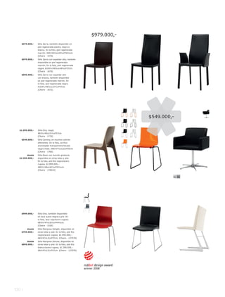 $979.000,-
    $979.000,-    Silla Zarra, también disponible en
                  piel regenerada piedra, negra o
                  blanca. En la foto, piel regenerada
                  marrón. A90l 48½xL48½xF58½cm.
                  [Chairs - 1470]
    $979.000,-    Silla Zarra con espaldar alto, también
                  disponible en piel regenerada
                  marrón. En la foto, piel regenerada
                  negra. A104½l 48½xL48½xF57cm.
                  [Chairs - 1670]
    $995.000,-    Silla Zarra con espaldar alto
                  con brazos, también disponible
                  en piel regenerada marrón. En
                  la foto, piel regenerada negra.
                  A104½l 48½xL57½xF57cm.
                  [Chairs - 1672]




                                                                          $549.000,-

   $1.095.000,-   Silla Ono, nogal.
                  A83½l 45xL51½xF57cm.
                  [Chairs - 1770]
    $549.000,-    Silla Cavona, en muchos colores
                  diferentes. En la foto, acrílico
                  anaranjado transparentel lacado
                  negro mate. A80l 47½xL52xF50cm.
                  [Chairs - 1760]
         desde    Silla Nomi con función giratoria,
   $2.395.000,-   disponible en otras telas y piel.
                  En la foto, piel Rio negral acero
                  rugoso, $2.995.000,-.
                  A80½l 48xL62½xF55½cm.
                  [Chairs - 179015]


                                                                                   91 94




    $999.000,-    Silla One, también disponible
                  en laca suave negra o gris. En
                  la foto, laca rojal acero rugoso.
                  A83½l 47xL55½xF44½cm.
                  [Chairs - 1520]
         desde    Silla Mariposa Delight, disponible en
    $795.000,-    otras telas y piel. En la foto, piel Rio
                  negral acero rugoso, $1.095.000,-.
                  A84l 47xL51xF57cm. [Chairs - 137576]
         desde    Silla Mariposa Deluxe, disponible en
    $995.000,-    otras telas y piel. En la foto, piel Rio
                  blancal acero rugoso, $1.395.000,-.
                  A84l 47xL51xF57cm. [Chairs - 137076]




130 l
 