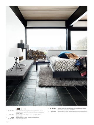 1.




                                                                                                            5.




                                                                  2.

                    4.




                                                                        3.




                                                                                             4.   $1.295.000,-   Lámpara de pie Main, en metal negro con pantalla blanca. También
                    11 59 55
                                                                                                                 disponible en naranja o gris. A40xØ35cm.
1.   $2.995.000,-   Cama, roble teñido de negrol blancol negro símil piel, no incluye
                                                                                             5.    $549.000,-    Cubrecamas, gris ceniza. También disponible en verde. L250xL250cm.
                    tablado ni colchón. A80xL176½xF212½cm. Colchón: L160xL200cm.
                    [Camas - BD10]
2.    $549.000,-    Mesita de noche, roble teñido de negro. A36xL53½xF35½cm.
                    [Global - 4000]
3.         desde    Alfombra Bartina, en beige. También disponible en gris.
     $1.995.000,-   L140xL200l L170xL240cm.



142 l
 