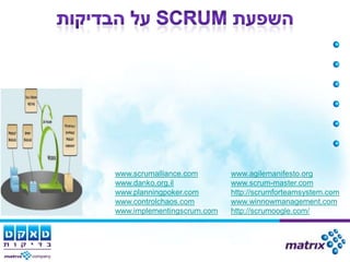 www.scrumalliance.com       www.agilemanifesto.org
www.danko.org.il            www.scrum-master.com
www.planningpoker.com       http://scrumforteamsystem.com
www.controlchaos.com        www.winnowmanagement.com
www.implementingscrum.com   http://scrumoogle.com/
 