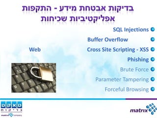 SQL Injections
      Buffer Overflow
Web   Cross Site Scripting - XSS
                      Phishing
                   Brute Force
         Parameter Tampering
             Forceful Browsing
 