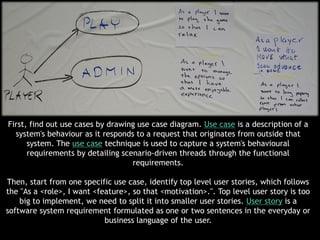 First, find out use cases by drawing use case diagram. Use case is a description of a
  system's behaviour as it responds to a request that originates from outside that
      system. The use case technique is used to capture a system's behavioural
      requirements by detailing scenario-driven threads through the functional
                                   requirements.

Then, start from one specific use case, identify top level user stories, which follows
the "As a <role>, I want <feature>, so that <motivation>.". Top level user story is too
    big to implement, we need to split it into smaller user stories. User story is a
software system requirement formulated as one or two sentences in the everyday or
                            business language of the user.
 