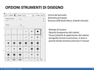 OPZIONI STRUMENTI DI DISEGNO
                                        Forma del pennello
                                        Diametro principale
                                        Durezza (100 bordi decisi, 0 bordi sfumati)


                                        Metodo di fusione
                                        Opacità (trasparenza del colore)
                                        Flusso (velocità di applicazione del colore)
                                        Aerografo (simula la pressione, in base a
                                        quanto tempo teniamo premuto il mouse)




EDI - Mariachiara Pezzotti - Pennelli                                                  3
 