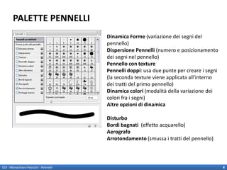 PALETTE PENNELLI
                                        Dinamica Forme (variazione dei segni del
                                        pennello)
                                        Dispersione Pennelli (numero e posizionamento
                                        dei segni nel pennello)
                                        Pennello con texture
                                        Pennelli doppi: usa due punte per creare i segni
                                        (la seconda texture viene applicata all’interno
                                        dei tratti del primo pennello)
                                        Dinamica colori (modalità della variazione dei
                                        colori fra i segni)
                                        Altre opzioni di dinamica

                                        Disturbo
                                        Bordi bagnati (effetto acquarello)
                                        Aerografo
                                        Arrotondamento (smussa i tratti del pennello)



EDI - Mariachiara Pezzotti - Pennelli                                                      4
 