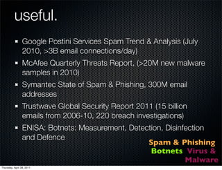 useful.
Spam & Phishing
Botnets Virus &
Malware
Google Postini Services Spam Trend & Analysis (July
2010, >3B email connec...