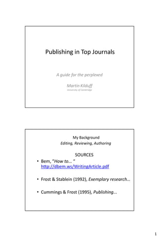 1 
Publishing in Top Journals 
A guide for the perplexed 
Martin Kilduff 
University of Cambridge 
My BackgroundEditing, Reviewing, Authoring 
SOURCES 
•Bem, “How to...“ http://dbem.ws/WritingArticle.pdf 
•Frost & Stablein (1992), Exemplary research… 
•Cummings & Frost (1995), Publishing...  