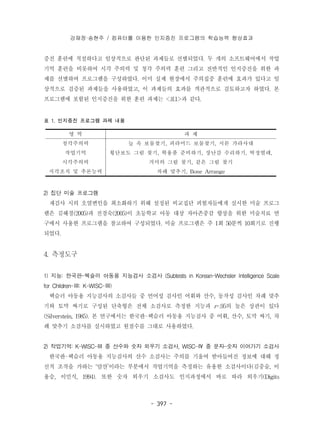 강재정·송현주 / 컴퓨터를 이용한 인지증진 프로그램의 학습능력 향상효과 
증진 훈련에 적절하다고 임상적으로 판단된 과제들로 선별되었다. 두 개의 소프트웨어에서 작업 
기억 훈련을 비롯하여 시각 주의력 및 청각 주의력 훈련 그리고 전반적인 인지증진을 위한 과 
제를 선별하여 프로그램을 구성하였다. 이미 실제 현장에서 주의집중 훈련에 효과가 있다고 임 
상적으로 검증된 과제들을 사용하였고, 이 과제들의 효과를 객관적으로 검토하고자 하였다. 본 
프로그램에 포함된 인지증진을 위한 훈련 과제는 <표1>과 같다. 
- 397 - 
표 1. 인지증진 프로그램 과제 내용 
영 역 과 제 
청각주의력 늪 속 보물찾기, 피라미드 보물찾기, 시몬 가라사대 
작업기억 횡단보도 그림 찾기, 학용품 준비하기, 장난감 수리하기, 딱정벌레, 
시각주의력 거미의 그림 찾기, 같은 그림 찾기 
지각조직 및 추론능력 차례 맞추기, Bone Arrange 
2) 집단 미술 프로그램 
재검사 시의 오염변인을 최소화하기 위해 설정된 비교집단 피험자들에게 실시한 미술 프로그 
램은 김혜경(2005)과 전경숙(2005)이 초등학교 아동 대상 자아존중감 향상을 위한 미술치료 연 
구에서 사용한 프로그램을 참고하여 구성되었다. 미술 프로그램은 주 1회 50분씩 10회기로 진행 
되었다. 
4. 측정도구 
1) 지능: 한국판-웩슬러 아동용 지능검사 소검사 (Subtests in Korean-Wechsler Intelligence Scale 
for Children-Ⅲ: K-WISC-Ⅲ) 
웩슬러 아동용 지능검사의 소검사들 중 언어성 검사인 어휘와 산수, 동작성 검사인 차례 맞추 
기와 토막 짜기로 구성된 단축형은 전체 소검사로 측정한 지능과 r=.95의 높은 상관이 있다 
(Silverstein, 1985). 본 연구에서는 한국판-웩슬러 아동용 지능검사 중 어휘, 산수, 토막 짜기, 차 
례 맞추기 소검사를 실시하였고 원점수를 그대로 사용하였다. 
2) 작업기억: K-WISC-Ⅲ 중 산수와 숫자 외우기 소검사, WISC-Ⅳ 중 문자-숫자 이어가기 소검사 
한국판-웩슬러 아동용 지능검사의 산수 소검사는 주의를 기울여 받아들여진 정보에 대해 정 
신적 조작을 가하는 ‘암산’이라는 부분에서 작업기억을 측정하는 유용한 소검사이다(김중술, 이 
용승, 이민식, 1994). 또한 숫자 외우기 소검사도 인지과정에서 바로 따라 외우기(Digits 
 