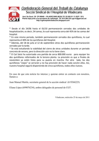 Confederació General del Treball de Catalunya 
Secció Sindical de l´Hospital de Viladecans 
Avd. De Gavá. 38 CP.08840 – VI...