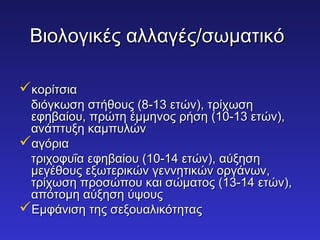 ΒΒιιοολλοογγιικκέέςς ααλλλλααγγέέςς//σσωωμμααττιικκόό 
κκοορρίίττσσιιαα 
δδιιόόγγκκωωσσηη σσττήήθθοουυςς ((88--1133 εεττώώνν)),, ττρρίίχχωωσσηη 
εεφφηηββααίίοουυ,, ππρρώώττηη έέμμμμηηννοοςς ρρήήσσηη ((1100--1133 εεττώώνν)),, 
ααννάάππττυυξξηη κκααμμππυυλλώώνν 
ααγγόόρριιαα 
ττρριιχχοοφφυυΐΐαα εεφφηηββααίίοουυ ((1100--1144 εεττώώνν)),, ααύύξξηησσηη 
μμεεγγέέθθοουυςς εεξξωωττεερριικκώώνν γγεεννννηηττιικκώώνν οορργγάάννωωνν,, 
ττρρίίχχωωσσηη ππρροοσσώώπποουυ κκααιι σσώώμμααττοοςς ((1133--1144 εεττώώνν)),, 
ααππόόττοομμηη ααύύξξηησσηη ύύψψοουυςς 
ΕΕμμφφάάννιισσηη ττηηςς σσεεξξοουυααλλιικκόόττηηττααςς 
 