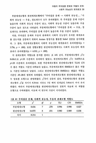 이동의 주의징중 문져l 외 우율의 관계
시회적 유능성의 매개효과 39
부분얘개모형파 완전매개모형에서 「주의집중 문제 • 사회적 유능성」 , 「사
회적 유능성 • 우울」 경로계수가 모두 유의하였다 즉 주의집중 문제 수준이
높을수록 사회적 유능성 수준이 낮고， 사회적 유능성 수준이 낮올수록 우울
수준이 높은 것으로 나타닭다- 부분매개모형에서 「주의집중 문제 • 우올」 경
로계수도 유의하여， 주의집중 문제 수준이 높을수록 우올 수준이 높았다
다용， 주의집중 문제와 우울의 관계에서 사회객 유능성이 유의한 얘개효과
툴 갖는지를 검중하기 위하여 Aroian 방정식올 활용한 Sobel 검중을 실시하였
다 그 결과， 부분매개모형에서 사회적 유능성의 매개효과가 유의하였다(z =
3.756, P = .0。이 또한 경합모형인 완전매개모형에서도 사회적 유능성의 매개
효과가 유의하였다(z = 4.010, P = .000)
각 관계모형의 적합도를 분석한 결과는 표 4와 같다 부분얘개모형의 J는
8.656으로 p<.05 수준에서 유의하지 않았고， 완전매개모형의 J는 16.870으로
p<.05 수준에서 유의하였다 또한 부분얘개모형과 완전 매 개모형의 TLI와 CFI
가 좋은 적합도 기준인 0.95보다 높았고， 부분매개모형의 RMSEA가 좋은 적합
도 기준인 0.05보다 낮았다‘ 그리고 완전얘개모형의 RMSEA는 괜찮은 적합도
기준인 .05-.08의 범위에 속하였다 따라서 부분매개모형과 완전얘개모형올 모
두 양호한 모형으로 판명하였다 J차이 검중의 결과， 부분매개모형과 완전매
개모형의 ι1값 차이가 8.214로 자유도 1 일 매의 임계값인 3.84보다 커서 유의
하였다 따라서 부운때개모형을 완전매개모형보다 경험적 자료에 더 적합한
모형으로 수락하였다 이로써 이 연구의 가설이 지지되었다
〈표 4> 주의정중 문제， 사희척 유능생， 우융의 판계모형 찍함도
모형 J df p TLI CFI RMSEA
부분매개모형 8.656 7 278 0‘996 0.998 0.027
완전매개모형 16.870 8 031 0.980 0.989 0.0.잃
차이 8.214 1
 