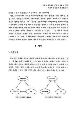 Of 동의 주의집중 문저|외 우훌의 관계:
사회적 유눔성의 매개효과 33
결핍융 우울의 선행변인으로 간주하는 것이 타당하다
한편， Seroczynski, Cole파 Maxwell(199끼은 다수 영역(예， 학업/ 사회성， 풍
행， 외모， 신체운동 Harter， 1982)에서의 유능성 결핍이 초둥학교 3, 6학년의
우울에 영향올 미치는 중다 유능성 가껄 (multiple competency hypothesis)올
지지하였다 그러나 특정 영역의 유능성올 홍재해도 나머지 유능성 영역이 우
율에 유의한 영향올 미치므로(Cole， 1991), 우울에 대한 유능성 또는 유능성 결
핍의 영향력은 유능성 영역별로 고유함을 알 수 있다 그 중 사회척 유능성
결핍은 주의집중 문제률 가진 남자아동의 우울을 더 악화시키기도 하므로
(Greene et al., 199끼， 이 연구에서는 아동기에 대표적인 발달파업의 하나이며
주의집중 문제나 우울과 관련된 사회적 유능성을 매개변인으로 셜정하였다.
m. 방법
1. 모형셜정
주의집중 문체와 우울의 판계를 사회객 유능성이 매개하는 관계모형을 그립
1, 그림 2와 같이 설정하였다 연구모형은 주의집중 문제가 사회적 유능성올
매개로 하여 우올에 영향을 미치는 간접 경로와 주의집중 문제가 우울에 직접
영향을 미치는 직접 경로릎 모두 가정한 부분매개모형이다 연구모형의 적합
도를 명가하기 위한 경합모형은 간접 경로안을 가정한 완전매개모형이다.
핫굉P 원표D
l 그엉 11 연구모잉 t. 문띠J5!II) l그엉 ZIII엠모 ø tl'!1!매1 오fl)
 