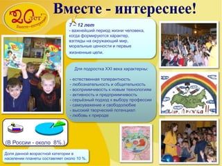 (В России - около 8%.)
1
2
Доля данной возрастной категории в
населении планеты составляет около 10 %.
Для подростка XXI века характерны:
- естественная толерантность
- любознательность и общительность
- восприимчивость к новым технологиям
- активность и предприимчивость
- серьёзный подход к выбору профессии
- самоуважение и свободолюбие
- высокий творческий потенциал
- любовь к природе
7 – 12 лет
- важнейший период жизни человека,
когда формируются характер,
взгляды на окружающий мир,
моральные ценности и первые
жизненные цели.
 