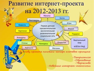 Первая детская
просветительская
воспитательная
развлекательная
социальная сеть
Подарки
Открытки
Мульты
Викторины
Баллы
Магазин
Игры
Форум
Конкурсы
Виртуальный
мир
КЛЁПА-ГРАД
Новости
Картинки
В основу проекта положено четыре ключевых принципа:
-Патриотизм
-Образование
-Творчество
-Новейшие интернет-технологии
Анекдоты
Статьи
Рейтинги
 
