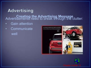 AdvertisingAdvertisements need to break through the clutter:Gain attentionCommunicate      wellCreating the Advertising Message