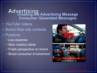 AdvertisingCreating the Advertising MessageConsumer Generated MessagesYouTube videosBrand Web site contestsPositivesLow expenseNew creative ideasFresh perspective on brandBoost consumer involvement