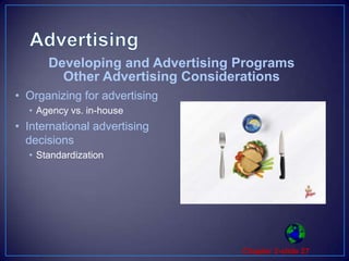AdvertisingOrganizing for advertisingAgency vs. in-houseInternational advertising decisionsStandardizationDeveloping and Advertising Programs Other Advertising Considerations