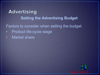 AdvertisingFactors to consider when setting the budgetProduct life-cycle stageMarket shareSetting the Advertising Budget