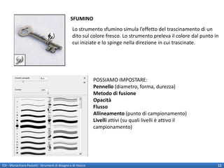 SFUMINO
                                                    Lo strumento sfumino simula l’effetto del trascinamento di un
                                                    dito sul colore fresco. Lo strumento preleva il colore dal punto in
                                                    cui iniziate e lo spinge nella direzione in cui trascinate.




                                                                 POSSIAMO IMPOSTARE:
                                                                 Pennello (diametro, forma, durezza)
                                                                 Metodo di fusione
                                                                 Opacità
                                                                 Flusso
                                                                 Allineamento (punto di campionamento)
                                                                 Livelli attivi (su quali livelli è attivo il
                                                                 campionamento)




EDI - Mariachiara Pezzotti - Strumenti di disegno e di ritocco                                                        11
 