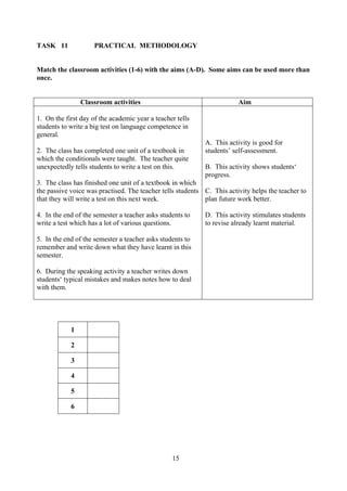 15
TASK 11 PRACTICAL METHODOLOGY
Match the classroom activities (1-6) with the aims (A-D). Some aims can be used more than
once.
Classroom activities Aim
1. On the first day of the academic year a teacher tells
students to write a big test on language competence in
general.
2. The class has completed one unit of a textbook in
which the conditionals were taught. The teacher quite
unexpectedly tells students to write a test on this.
3. The class has finished one unit of a textbook in which
the passive voice was practised. The teacher tells students
that they will write a test on this next week.
4. In the end of the semester a teacher asks students to
write a test which has a lot of various questions.
5. In the end of the semester a teacher asks students to
remember and write down what they have learnt in this
semester.
6. During the speaking activity a teacher writes down
students‘ typical mistakes and makes notes how to deal
with them.
A. This activity is good for
students’ self-assessment.
B. This activity shows students‘
progress.
C. This activity helps the teacher to
plan future work better.
D. This activity stimulates students
to revise already learnt material.
1
2
3
4
5
6
 
