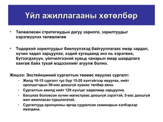 Үйл ажиллагааны хөтөлбөрҮйл ажиллагааны хөтөлбөр
• Төлөвлөсөн стратегиудын дагуу зорилго, зорилтуудыг
хэрэгжүүлэх төлөвлөгөө
• Тодорхой зорилтуудыг биелүүлэхэд байгууллагаас ямар зардал,
хүчин чадал зарцуулах, хэдий хугацаанд энэ нь хэрэгжих,
бүтээгдэхүүн, үйлчилгээний хувьд чанарын ямар шаардлага
хангаж байх тухай мэдээллийг агуулж болно.
Жишээ: Экстейншиний сургалтын төвөөс явуулах сургалт:
- Жилд 10-15 сургалт тус бүр 15-20 хүнтэйгээр явуулах, нийт
оролцогчдын 50-иас доошгүй хувиас төлбөр авна.
- Сургалтын ажилд нийт 120 хүн/цаг хөдөлмөр зарцуулна.
- Багшлах боловсон хүчин магистраас доошгүй зэрэгтэй, 5-аас доошгүй
жил ажилласан туршлагатай.
- Сургалтууд оролцооны аргад суурилсан семинарын хэлбэрээр
явагдана.
 