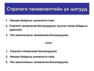 Стратеги төлөвлөлтийн үе шатуудСтратеги төлөвлөлтийн үе шатууд
1. Нөхцөл байдлын шинжилгээ хийх
2. Стратеги төлөвлөгөө боловсруулах (хүссэн төлөв байдлын
зураглал)
3. Үйл ажиллагааны төлөвлөгөө боловсруулах
1. Стратеги төлөвлөгөө боловсруулах
2. Нөхцөл байдлын шинжилгээ хийх
3. Үйл ажиллагааны төлөвлөгөө боловсруулах
эсвэл
 