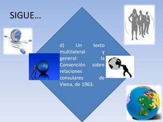 SIGUE…
• .
d) Un texto
multilateral y
general: la
Convención sobre
relaciones
consulares de
Viena, de 1963.
 