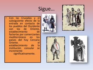 Sigue…
• Con las Cruzadas y el
subsiguiente efecto de la
entrada en contacto de
los pueblos del Occidente
con los de Oriente,
establecimiento de
factorías por comerciantes
mediterráneos en los
países del hoy Cercano
Oriente. el
establecimiento de la
institución consular se
incrementó
significativamente.
 