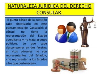 NATURALEZA JURIDICA DEL DERECHO
CONSULAR.
El punto básico de la cuestión
cabe sintetizarlo en este
pensamiento de Cansacchi: el
cónsul no tiene la
representación del Estado
acreditante y no trata asuntos
políticos. Lo que cabe
descomponer en dos facetas:
a) «Los cónsules no son
representantes del Estado»,
«no representan a los Estados
a los que pertenecen».
 