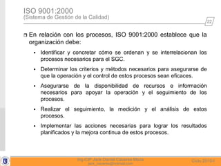 22
Ciclo 2010-IIng.CIP Jack Daniel Cáceres Meza
jack_caceres@hotmail.com
 En relación con los procesos, ISO 9001:2000 est...