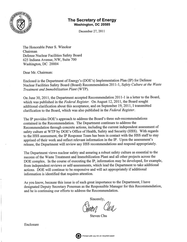 DOE submits safety culture plan to the Defense Nuclear Facilities