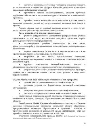 • научиться создавать собственные творческие замыслы и доводить
их до воплощения в творческом продукте. Овладеть средствами и способами
воплощения собственных замыслов;
• приобрести навыки самообслуживания, овладеть простыми
трудовыми действиями и операциями на уроках технологии и в социальных
практиках;
• приобрести опыт взаимодействия с взрослыми и детьми, освоить
основные этикетные нормы, научиться правильно выражать свои мысли и
чувства.
Решить данные задачи младший школьник сможет в том случае,
когда станет субъектом разных видов деятельности:
Виды деятельности младших школьников
• учебное сотрудничество (коллективно-распределенная учебная
деятельность, в том числе, коллективная дискуссия, групповая, парная
работа, разновозрастное сотрудничество);
• индивидуальная учебная деятельность (в том числе,
самостоятельная работа с использованием дополнительных информационных
источников);
• игровая деятельность (в том числе, и высшие виды игры – игра-
драматизация, режиссёрская игра, игра по правилам);
• творческая (в том числе, художественное творчество,
конструирование, формирование замысла и реализация социально значимых
инициатив и др.);
• трудовая деятельность (самообслуживание, участие в
общественно-полезном труде, в социально значимых трудовых акциях);
• спортивная деятельность (освоение основ физической культуры,
знакомство с различными видами спорта, опыт участия в спортивных
соревнованиях).
Задачи родителей в ходе реализации образовательной программы
• способствовать развитию познавательной активности;
• создавать условия для формирования адекватной самооценки
обучающихся;
• стимулировать развитие самостоятельности обучающихся;
• оказывать дозированную помощь в соответствии с возрастом.
Кроме этого, в содержании данной программы отражены региональные
особенности истории, культуры, образовательные достижения Вологодской
области.
Разработанная МКОУ Средняя общеобразовательная школа с.Таежное
основная образовательная программа начального общего образования
предусматривает включение обучающихся в процессы познания и
преобразования внешкольной социальной среды Хабаровского края для
приобретения опыта реального управления и действия.
Участники образовательного процесса школы (обучающиеся, их родители
или законные представители) обязаны ознакомиться:
10
 