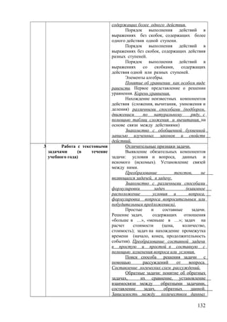 содержащих более одного действия.
Порядок выполнения действий в
выражениях без скобок, содержащих более
одного действия одной ступени.
Порядок выполнения действий в
выражениях без скобок, содержащих действия
разных ступеней.
Порядок выполнения действий в
выражениях со скобками, содержащих
действия одной или разных ступеней.
Элементы алгебры.
Понятие об уравнении как особом виде
равенств. Первое представление о решении
уравнения. Корень уравнения.
Нахождение неизвестных компонентов
действия (сложения, вычитания, умножения и
деления) различными способами (подбором,
движением по натуральному ряду, с
помощью таблиц сложения и вычитания, на
основе связи между действиями)
Знакомство с обобщенной буквенной
записью изученных законов и свойств
действий.
3 Работа с текстовыми
задачами (в течение
учебного года)
Отличительные признаки задачи.
Выявление обязательных компонентов
задачи: условия и вопроса, данных и
искомого (искомых). Установление связей
между ними.
Преобразование текстов, не
являющихся задачей, в задачу.
Знакомство с различными способами
формулировки задач (взаимное
расположение условия и вопроса,
формулировка вопроса вопросительным или
побудительным предложением).
Простые и составные задачи.
Решение задач, содержащих отношения
«больше в …», «меньше в …»; задач на
расчет стоимости (цена, количество,
стоимость); задач на нахождение промежутка
времени (начало, конец, продолжительность
события). Преобразование составной задачи
в простую и простой в составную с
помощью изменения вопроса или условия.
Поиск способа решения задачи с
помощью рассуждений от вопроса.
Составление логических схем рассуждений.
Обратные задачи: понятие об обратных
задачах, их сравнение, установление
взаимосвязи между обратными задачами,
составление задач, обратных данной.
Зависимость между количеством данных
132
 