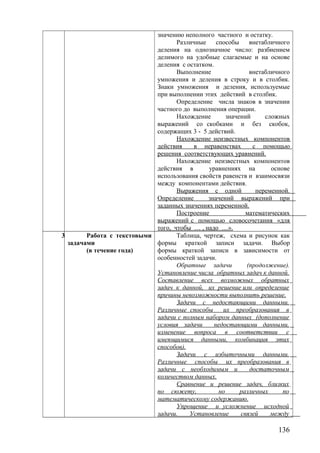 значению неполного частного и остатку.
Различные способы внетабличного
деления на однозначное число: разбиением
делимого на удобные слагаемые и на основе
деления с остатком.
Выполнение внетабличного
умножения и деления в строку и в столбик.
Знаки умножения и деления, используемые
при выполнении этих действий в столбик.
Определение числа знаков в значении
частного до выполнения операции.
Нахождение значений сложных
выражений со скобками и без скобок,
содержащих 3 - 5 действий.
Нахождение неизвестных компонентов
действия в неравенствах с помощью
решения соответствующих уравнений.
Нахождение неизвестных компонентов
действия в уравнениях на основе
использования свойств равенств и взаимосвязи
между компонентами действия.
Выражения с одной переменной.
Определение значений выражений при
заданных значениях переменной.
Построение математических
выражений с помощью словосочетания «для
того, чтобы … , надо …».
3 Работа с текстовыми
задачами
(в течение года)
Таблица, чертеж, схема и рисунок как
формы краткой записи задачи. Выбор
формы краткой записи в зависимости от
особенностей задачи.
Обратные задачи (продолжение).
Установление числа обратных задач к данной.
Составление всех возможных обратных
задач к данной, их решение или определение
причины невозможности выполнить решение.
Задачи с недостающими данными.
Различные способы их преобразования в
задачи с полным набором данных (дополнение
условия задачи недостающими данными,
изменение вопроса в соответствии с
имеющимися данными, комбинация этих
способов).
Задачи с избыточными данными.
Различные способы их преобразования в
задачи с необходимым и достаточным
количеством данных.
Сравнение и решение задач, близких
по сюжету, но различных по
математическому содержанию.
Упрощение и усложнение исходной
задачи. Установление связей между
136
 