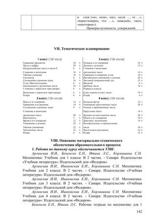 и слов («и», «или», «не», «если …, то …»,
«верно/неверно, что …», «каждый», «все»,
«некоторые»).
Проверка истинности утверждений.
VII. Тематическое планирование
1 класс (132 часа) 3 класс (136 часов)
Сравнение предметов 10 ч Площадь и ее измерение 16 ч
Числа и цифры 20 ч Деление с остатком 12 ч
Натуральный ряд чисел и число 0 6 ч Сложение и вычитание
Сложение и вычитание 18 ч трехзначных чисел 14 ч
Таблица сложения 16 ч Сравнение и измерение углов 10 ч
Сантиметр 6 ч Внетабличное умножение и деление 28 ч
Составление и решение задач 16 ч Числовой (координатный) луч 12 ч
Углы. Многоугольники 6 ч Масштаб 6 ч
Однозначные и двузначные числа 16 ч Дробные числа 16 ч
Сложение с переходом через разряд 6 ч Разряды и классы.
Вычитание с переходом через разряд 6 ч Класс единиц и класс тысяч 18 ч
Резерв 6 ч Резерв 4 ч
2 класс (136 часов) 4 класс (136 часов)
Масса и ее измерение 14 ч Площади фигур 12 ч
Уравнения и их решения 14 ч Умножение многозначных чисел 20 ч
Составление и решение задач 9 ч Точные и приближенные числа.
Сложение и вычитание Округление чисел 14 ч
двузначных чисел 20 ч Деление на многозначное число 20 ч
Вместимость 3 ч Объем и его измерение 18 ч
Время и его измерение 12 ч Действия с величинами 14 ч
Умножение и деление 22 ч Положительные и отрицательные
Таблица умножения 22 ч числа 10 ч
Трехзначные числа 16 ч Числа класса миллионов 16 ч
Резерв 4 ч Резерв 12 ч
VIII. Описание материально-технического
обеспечения образовательного процесса
1. Работа по данному курсу обеспечивается УМК:
Аргинская И.И., Бененсон Е.П., Итина Л.С., Кормишина С.Н.
Математика: Учебник для 1 класса: В 2 частях. - Самара: Издательство
«Учебная литература»: Издательский дом «Федоров».
Аргинская И.И., Ивановская Е.И., Кормишина С.Н. Математика:
Учебник для 2 класса: В 2 частях. - Самара: Издательство «Учебная
литература»: Издательский дом «Федоров».
Аргинская И.И., Ивановская Е.И., Кормишина С.Н. Математика:
Учебник для 3 класса: В 2 частях. - Самара: Издательство «Учебная
литература»: Издательский дом «Федоров».
Аргинская И.И., Ивановская Е.И., Кормишина С.Н. Математика:
Учебник для 4 класса: В 2 частях. - Самара: Издательство «Учебная
литература»: Издательский дом «Федоров».
Бененсон Е.П., Итина Л.С. Рабочие тетради по математике для 1
142
 