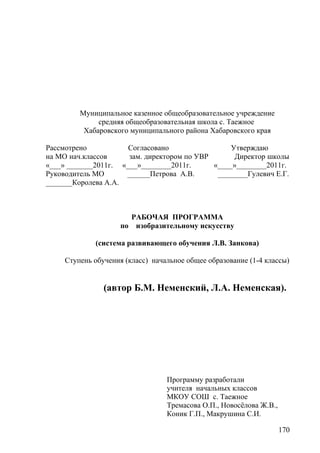 Муниципальное казенное общеобразовательное учреждение
средняя общеобразовательная школа с. Таежное
Хабаровского муниципального района Хабаровского края
Рассмотрено Согласовано Утверждаю
на МО нач.классов зам. директором по УВР Директор школы
«___» _______2011г. «___»________2011г. «____»________2011г.
Руководитель МО ______Петрова А.В. ________Гулевич Е.Г.
_______Королева А.А.
РАБОЧАЯ ПРОГРАММА
по изобразительному искусству
(система развивающего обучения Л.В. Занкова)
Ступень обучения (класс) начальное общее образование (1-4 классы)
(автор Б.М. Неменский, Л.А. Неменская).
Программу разработали
учителя начальных классов
МКОУ СОШ с. Таежное
Тремасова О.П., Новосёлова Ж.В.,
Коник Г.П., Макрушина С.И.
170
 