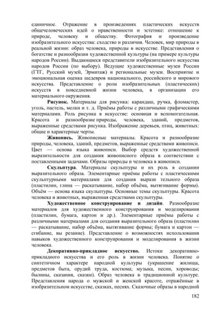 единичное. Отражение в произведениях пластических искусств
общечеловеческих идей о нравственности и эстетике: отношение к
природе, человеку и обществу. Фотография и произведение
изобразительного искусства: сходство и различия. Человек, мир природы в
реальной жизни: образ человека, природы в искусстве. Представления о
богатстве и разнообразии художественной культуры (на примере культуры
народов России). Выдающиеся представители изобразительного искусства
народов России (по выбору). Ведущие художественные музеи России
(ГТГ, Русский музей, Эрмитаж) и региональные музеи. Восприятие и
эмоциональная оценка шедевров национального, российского и мирового
искусства. Представление о роли изобразительных (пластических)
искусств в повседневной жизни человека, в организации его
материального окружения.
Рисунок. Материалы для рисунка: карандаш, ручка, фломастер,
уголь, пастель, мелки и т. д. Приёмы работы с различными графическими
материалами. Роль рисунка в искусстве: основная и вспомогательная.
Красота и разнообразие природы, человека, зданий, предметов,
выраженные средствами рисунка. Изображение деревьев, птиц, животных:
общие и характерные черты.
Живопись. Живописные материалы. Красота и разнообразие
природы, человека, зданий, предметов, выраженные средствами живописи.
Цвет — основа языка живописи. Выбор средств художественной
выразительности для создания живописного образа в соответствии с
поставленными задачами. Образы природы и человека в живописи.
Скульптура. Материалы скульптуры и их роль в создании
выразительного образа. Элементарные приёмы работы с пластическими
скульптурными материалами для создания вырази тельного образа
(пластилин, глина — раскатывание, набор объёма, вытягивание формы).
Объём — основа языка скульптуры. Основные темы скульптуры. Красота
человека и животных, выраженная средствами скульптуры.
Художественное конструирование и дизайн. Разнообразие
материалов для художественного конструирования и моделирования
(пластилин, бумага, картон и др.). Элементарные приёмы работы с
различными материалами для создания выразительного образа (пластилин
— раскатывание, набор объёма, вытягивание формы; бумага и картон —
сгибание, вы резание). Представление о возможностях использования
навыков художественного конструирования и моделирования в жизни
человека.
Декоративно-прикладное искусство. Истоки декоративно-
прикладного искусства и его роль в жизни человека. Понятие о
синтетичном характере народной культуры (украшение жилища,
предметов быта, орудий труда, костюма; музыка, песни, хороводы;
былины, сказания, сказки). Образ человека в традиционной культуре.
Представления народа о мужской и женской красоте, отражённые в
изобразительном искусстве, сказках, песнях. Сказочные образы в народной
182
 