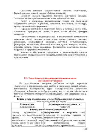 Овладение основами художественной грамоты: композицией,
формой, ритмом, линией, цветом, объёмом, фактурой.
Создание моделей предметов бытового окружения человека.
Овладение элементарными навыками лепки и бумагопластики.
Выбор и применение выразительных средств для реализации
собственного замысла в рисунке, живописи, аппликации, скульптуре,
художественном конструировании.
Передача настроения в творческой работе с помощью цвета, тона,
композиции, пространства, линии, штриха, пятна, объёма, фактуры
материала.
Использование в индивидуальной и коллективной деятельности
различных художественных техник и материалов: коллажа, граттажа,
аппликации, компьютерной анимации, натурной мультипликации,
фотографии, видеосъёмки, бумажной пластики, гуаши, акварели, пастели,
восковых мелков, туши, карандаша, фломастеров, пластилина, глины,
подручных и природных материалов.
Участие в обсуждении содержания и выразительных средств
произведений изобразительного искусства, выражение своего отношения к
произведению.
VII. Тематическое планирование и основные виды
деятельности учащихся
Из предложенных авторами учебников четырёх вариантов
тематического планирования, нами выбран к реализации первый вариант.
Тематическое планирование курса «Изобразительное искусство»
обеспечено учебниками по изобразительному искусству для 1-4 классов и
рабочими тетрадями «Изобразительное искусство. Твоя мастерская» для 2-
4 класса.
Тематическое планирование курса «Изобразительное искусство»
(1час в неделю, всего 138 часов)
Тематическое
планирование
Характеристика деятельности
учащихся
Виды художественной деятельности
Между художником и
зрителем нет непреодолимых
границ. Художник,
воспроизводя реальный мир
таким, каким он его видит и
чувствует, создаёт
Воспринимать и выражать своё
отношение к шедеврам русского и
мирового искусства.
Участвовать в обсуждении содержания
и выразительных средств
художественных произведений.
185
 