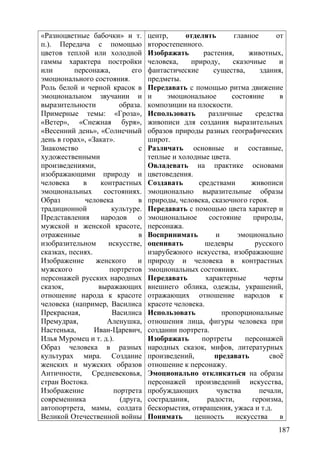 «Разноцветные бабочки» и т.
п.). Передача с помощью
цветов теплой или холодной
гаммы характера постройки
или персонажа, его
эмоционального состояния.
Роль белой и черной красок в
эмоциональном звучании и
выразительности образа.
Примерные темы: «Гроза»,
«Ветер», «Снежная буря»,
«Весенний день», «Солнечный
день в горах», «Закат».
Знакомство с
художественными
произведениями,
изображающими природу и
человека в контрастных
эмоциональных состояниях.
Образ человека в
традиционной культуре.
Представления народов о
мужской и женской красоте,
отраженные в
изобразительном искусстве,
сказках, песнях.
Изображение женского и
мужского портретов
персонажей русских народных
сказок, выражающих
отношение народа к красоте
человека (например, Василиса
Прекрасная, Василиса
Премудрая, Аленушка,
Настенька, Иван-Царевич,
Илья Муромец и т. д.).
Образ человека в разных
культурах мира. Создание
женских и мужских образов
Античности, Средневековья,
стран Востока.
Изображение портрета
современника (друга,
автопортрета, мамы, солдата
Великой Отечественной войны
центр, отделять главное от
второстепенного.
Изображать растения, животных,
человека, природу, сказочные и
фантастические существа, здания,
предметы.
Передавать с помощью ритма движение
и эмоциональное состояние в
композиции на плоскости.
Использовать различные средства
живописи для создания выразительных
образов природы разных географических
широт.
Различать основные и составные,
теплые и холодные цвета.
Овладевать на практике основами
цветоведения.
Создавать средствами живописи
эмоционально выразительные образы
природы, человека, сказочного героя.
Передавать с помощью цвета характер и
эмоциональное состояние природы,
персонажа.
Воспринимать и эмоционально
оценивать шедевры русского
изарубежного искусства, изображающие
природу и человека в контрастных
эмоциональных состояниях.
Передавать характерные черты
внешнего облика, одежды, украшений,
отражающих отношение народов к
красоте человека.
Использовать пропорциональные
отношения лица, фигуры человека при
создании портрета.
Изображать портреты персонажей
народных сказок, мифов, литературных
произведений, предавать своё
отношение к персонажу.
Эмоционально откликаться на образы
персонажей произведений искусства,
пробуждающих чувства печали,
сострадания, радости, героизма,
бескорыстия, отвращения, ужаса и т.д.
Понимать ценность искусства в
187
 