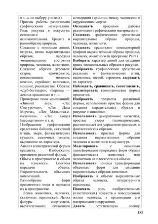 и т. д. по выбору учителя).
Приемы работы различными
графическими материалами.
Роль рисунка в искусстве:
основная и
вспомогательная. Красота и
разнообразие природы,
Создание с помощью линии,
штриха, пятна выразительных
образов, передача
эмоционального состояния
природы, человека, животного.
Создание образов деревьев:
старое, крючковатое,
покосившееся; молодое,
нежное, стройное; величавое,
мощное, раскидистое. Образы:
«Дуб-богатырь», «Березка —
девица-красавица» и т. п.
Примерные темы композиций:
«Зимний лес», «Лес
Снегурочки», «Лес Деда
Мороза», «Лес Мальчика-с-
пальчика», «Лес Кощея
Бессмертного» и т. п.
Изображение графическими
средствами бабочек, сказочной
птицы, зверя, фантастических
существ, сказочных замков;
выражение их характера.
Анализ геометрической формы
предмета. Изображение
предметов различной формы.
Объем в пространстве и объем
на плоскости. Способы
передачи объема.
Выразительность объемных
композиций.
Разнообразие форм
предметного мира и передача
их в пространстве.
Лепка животных, человека,
сказочных персонажей. Лепка
фигуры спортсмена,
выразительного сказочного
сотворении гармонии между человеком и
окружающим миром.
Овладевать приемами работы
различными графическими материалами.
Создавать графическими средствами
выразительные образы природы,
человека, животного.
Создавать средствами компьютерной
графики выразительные образы природы,
человека, животного (в программе Paint).
Выбирать характер линий для создания
ярких эмоциональных образов в рисунке.
Изображать графическими средствами
реальных и фантастических птиц,
насекомых, зверей, строения; выражать
их характер.
Наблюдать, сравнивать, сопоставлять,
анализировать геометрические формы
предметов.
Изображать предметы различной
формы, использовать простые формы для
создания выразительных образов в
рисунке и живописи.
Использовать декоративные элементы,
простые узоры (геометрические,
растительные) для украшения реальных и
фантастических образов.
Использовать простые формы для
создания выразительных образов
человека и животного в скульптуре.
Моделировать с помощью
трансформации природных форм образы
фантастических животных или
человечков на плоскости и в объеме.
Использовать приемы трансформации
объемных форм для создания
выразительных образов животных.
Изображать в объеме выразительные
образы человека, литературного
персонажа.
Понимать роль изобразительных
(пластических) искусств в повседневной
жизни человека, в организации его
материального окружения.
Давать эстетическую оценку
188
 